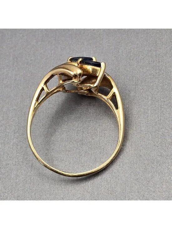 10k Gold Ring Size 7 3 Marquise Sapphire & 2 Diamond Accents Signed Cardow - Picture 4 of 16